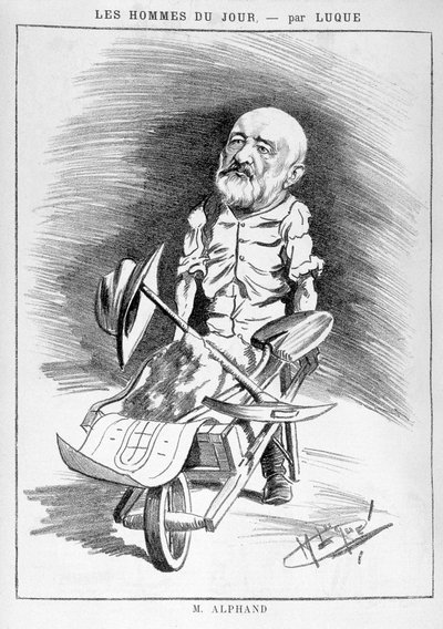 第二帝政期のパリの変貌、オスマン・パリ：技術者ジャン・シャルル・アドルフ・アルファン（1817-1891）をユーモラスに描いた絵。1852年から1870年にかけてオスマン男爵が主導したパリの改修工事に参加した。レ・ハウスマン」誌に掲載された版画 作： Manuel Luque