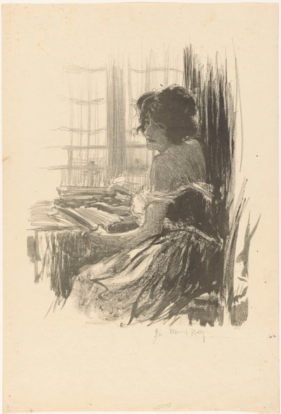 窓の前のテーブルの後ろで本を読む女性 作： Manuel Robbe (signed by artist)