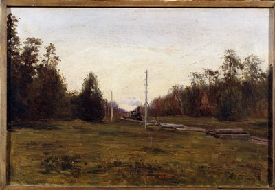 電車のある風景。 マヌイル クリストフォロヴィッチ アラジャロフ (1862-1934) の絵画。 ボール紙に油彩、29.5 x 43.5 cm。 20世紀初頭のロシア美術. 地方美術館、プリオス。 ©FineArtImage/リーマージュ 作： Manuil Christoforovich Aladzhalov