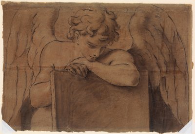 思春期の天使がタブレットや閉じた本に寄りかかっている様子を描いた漫画の断片 1690～95年頃 作： Marc Antonio Franceschini