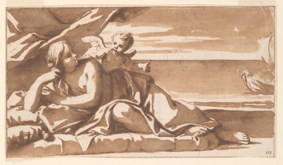 オーバードア絵画のための習作、バッカスの船の接近を見ているアリアドネ 作： Marc Antonio Franceschini
