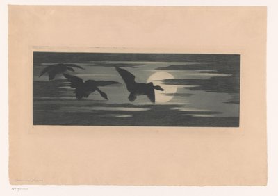 夕日を過ぎて移動する 3 羽のアヒル 作： Marc Henry Meunier (attributed to)