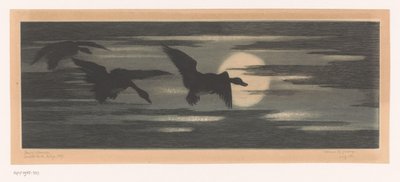 夕日を過ぎて移動する 3 羽のアヒル 作： Marc Henry Meunier (attributed to)