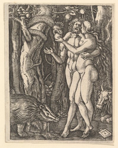 アダムとイブとリンゴと蛇1500-1534。 作： Marcantonio Raimondi
