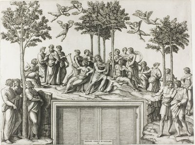 ミューズと詩人に囲まれたパルナッソスのアポロン 作： Marcantonio Raimondi