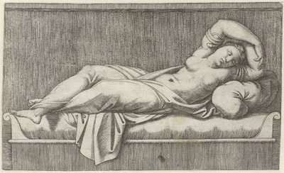 ベッドに半裸で横たわるクレオパトラ 作： Marcantonio Raimondi