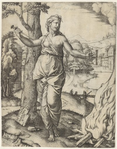 ディドは火葬の火のそばで短剣で自殺する 作： Marcantonio Raimondi