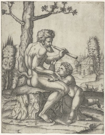 子供と一緒にフルートを演奏するフォーン 作： Marcantonio Raimondi