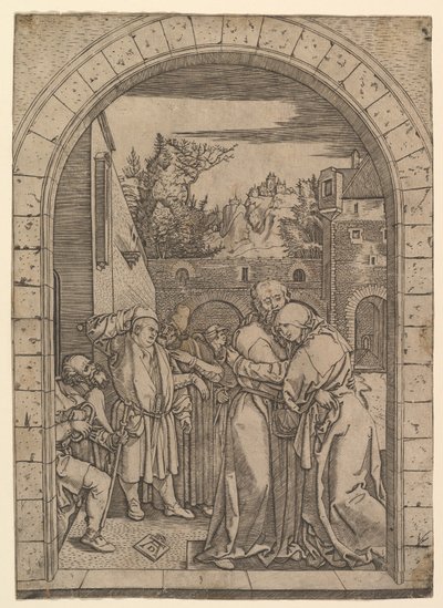 ヨアヒムはエルサレムのゴールデンゲートの下でセントアンを抱きしめていました。 1500-1534。 作： Marcantonio Raimondi