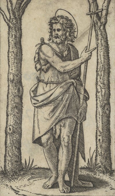 杖を持つ洗礼者ヨハネ、「Piccoli Santi」シリーズの小聖人たち、約1500年から1527年。 作： Marcantonio Raimondi
