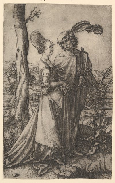 死の姿を木の後ろに隠して歩いている主人公と女性。 1500-1534。 作： Marcantonio Raimondi