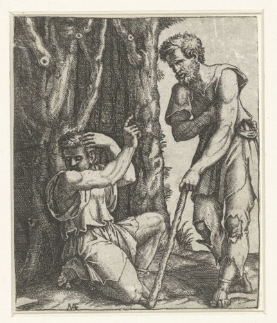 男はひざまずき、森の端で物乞いから背を向ける 作： Marcantonio Raimondi