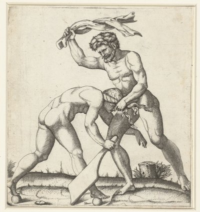 フォーチュン（Fortuna）の化身として女性と戦う男 作： Marcantonio Raimondi