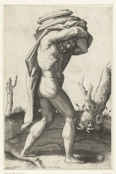 裸の男が柱の土台を背負っている 作： Marcantonio Raimondi