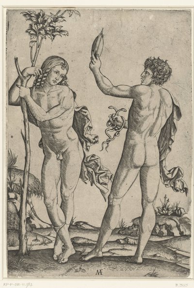 木にもたれて裸の男と鏡と 2 つのヘビを持つ裸の男 作： Marcantonio Raimondi