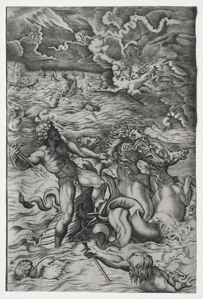 アイオロスがアイネイアスの艦隊に対して起こした嵐を鎮めるネプチューン 作： Marcantonio Raimondi