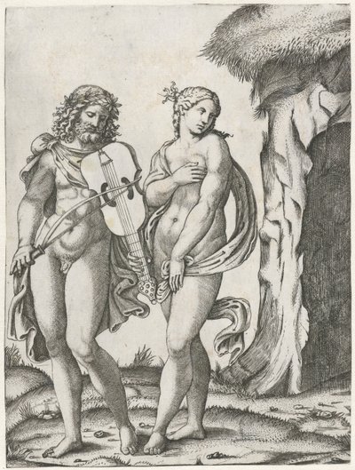 エウリュディケーが冥界に行く前にオルフェウスがヴィオラを弾く 作： Marcantonio Raimondi