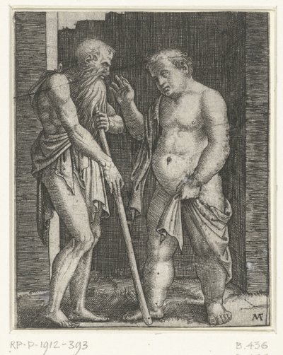 老人が杖にもたれて身振りで示す若いデブ男 作： Marcantonio Raimondi