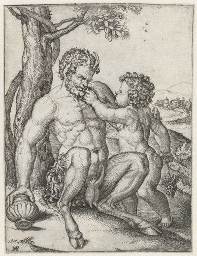 ぶどうの房を持った子供のように飲むカップとバッカスでパンします。 作： Marcantonio Raimondi