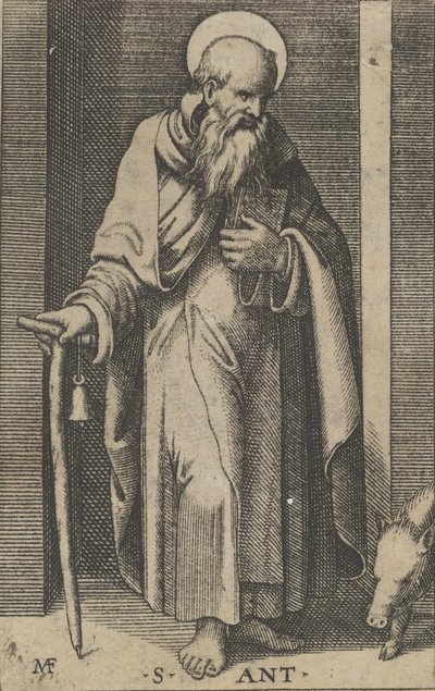 右手に杖を持つ聖アントニー、「Piccoli Santi」シリーズの小像、約1500～1527年。 作： Marcantonio Raimondi
