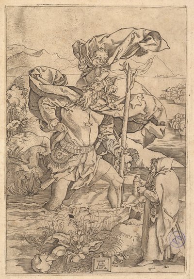 キリストと一緒に川を渡る聖クリストファーは、彼のshにプットの形で...、ca。 1500-1534。 作： Marcantonio Raimondi