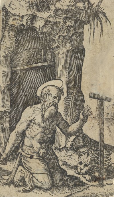 クルシフィクスの前に跪く聖ジェローム、「Piccoli Santi」シリーズの小S...、約1500年から1527年。 作： Marcantonio Raimondi