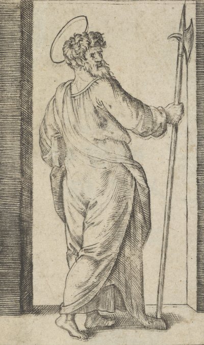 シリーズ「ピッコリ・サンティ」より、右手にハルバードを持った聖ジュード ..., ca. 1500年から1527年。 作： Marcantonio Raimondi