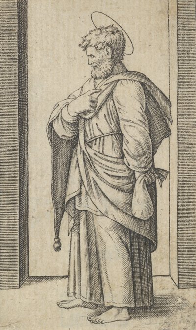 左手に小さな袋を持った聖マタイ、シリーズ「Piccoli Santi」Sm...より、約1500～1527年。 作： Marcantonio Raimondi