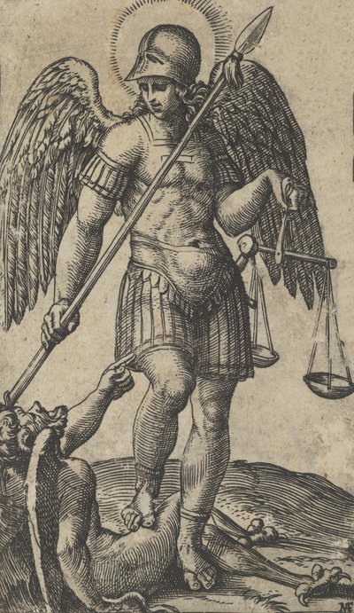 鱗と槍を持った聖ミカエル、その下には悪魔が描かれています。 作： Marcantonio Raimondi