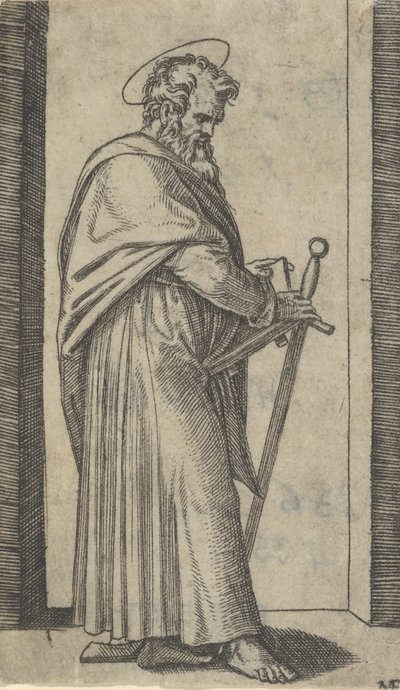 右手に剣を持つ聖パウロ、「Piccoli Santi」シリーズの小聖人、約1500-1527年。 作： Marcantonio Raimondi