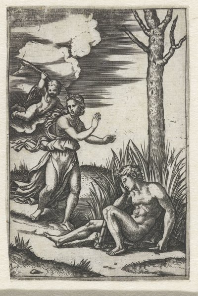 アモールに追われる眠れる男とニンフ 作： Marcantonio Raimondi