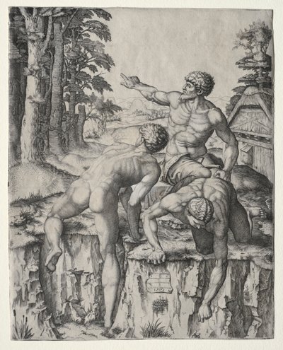 1510年のカッシーナのミケランジェロの戦いからの登山家3人。 作： Marcantonio Raimondi