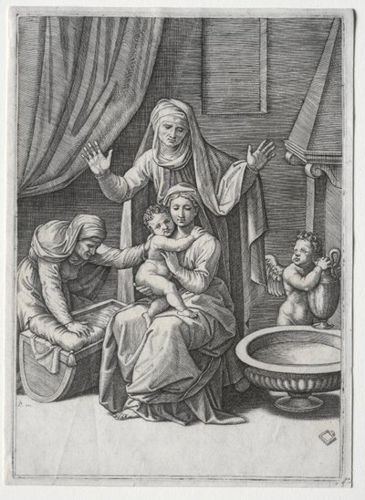 聖エリザベートと聖アンナと聖母とゆりかご 作： Marcantonio Raimondi