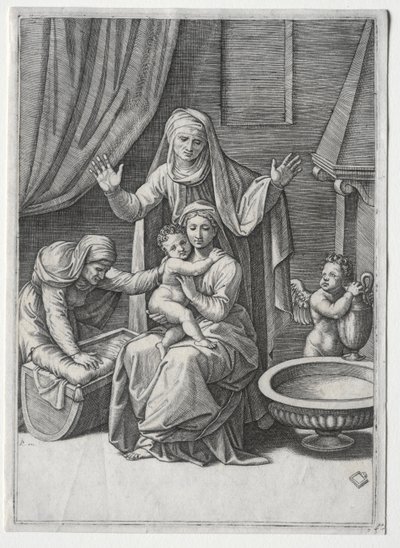 聖エリザベスと聖アンナの聖母と揺りかご、1520年。 作： Marcantonio Raimondi