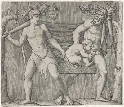 2 人のフォーンが子供をかごに乗せて運ぶ 作： Marcantonio Raimondi