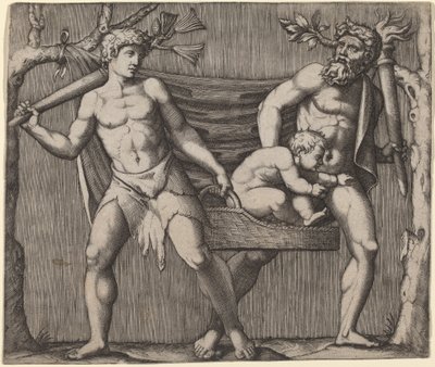 子供を運ぶ 2 つの牧神 作： Marcantonio Raimondi