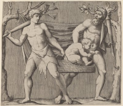 子供を運ぶ 2 つの牧神 作： Marcantonio Raimondi