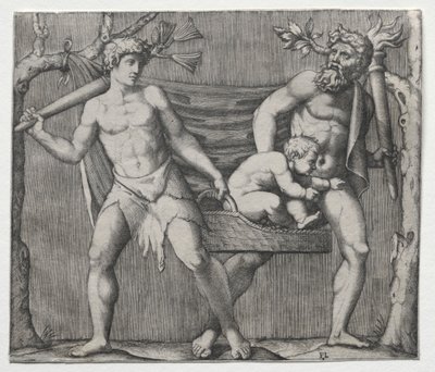 かごに子供を乗せた 2 人の牧神 作： Marcantonio Raimondi