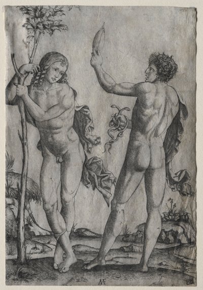 木の横にある2人の裸の男性。 作： Marcantonio Raimondi