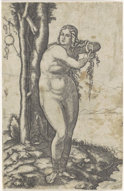 金星は水際に立って髪から水を絞ります 金星の誕生 作： Marcantonio Raimondi