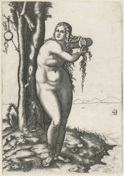 金星は水際に立って髪から水を絞ります 金星の誕生 作： Marcantonio Raimondi