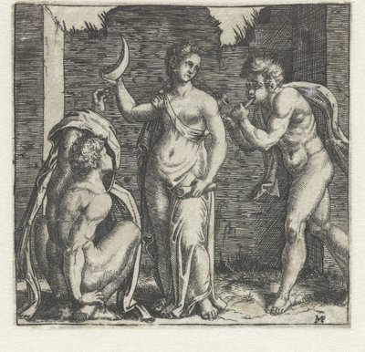 ホルンを吹く牧神としゃがむ男性に挟まれた三日月を持つ女性 作： Marcantonio Raimondi