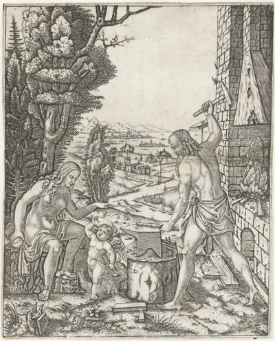 ヴァルカンはヴィーナスの前でアモールのために矢と翼を鍛造する 作： Marcantonio Raimondi