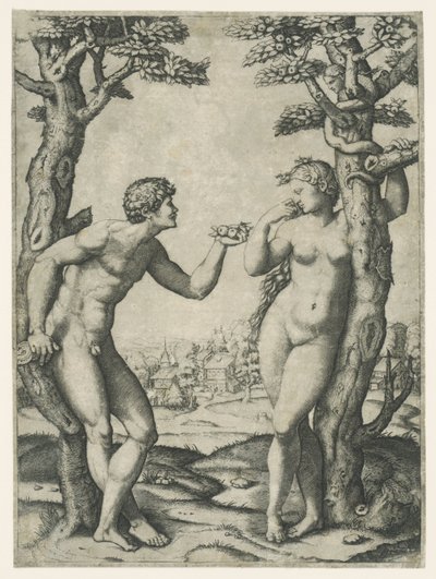蛇と善悪の知識の木でのアダムとイブの堕落 作： Marcantonio Raimondi