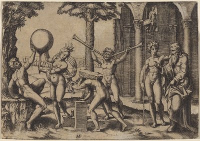 2 つのトランペットを持つ男 作： Marcantonio Raimondi after Baccio Bandinelli