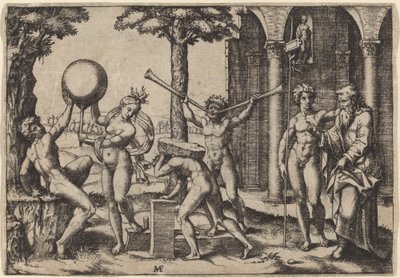 2 つのトランペットを持つ男 作： Marcantonio Raimondi after Baccio Bandinelli