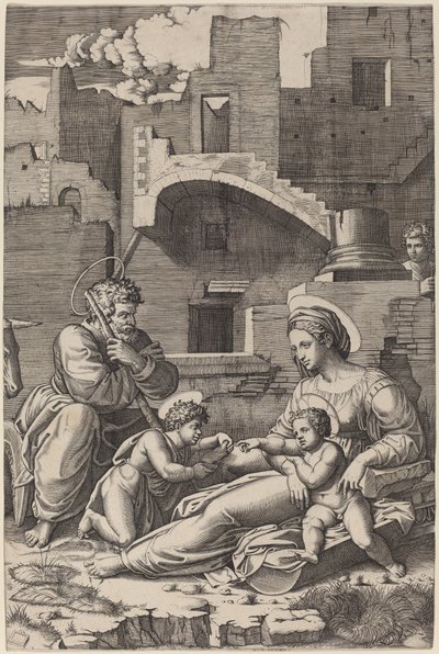 幼い洗礼者聖ヨハネのいる聖家族 (太腿の聖母) 作： Marcantonio Raimondi after Raphael