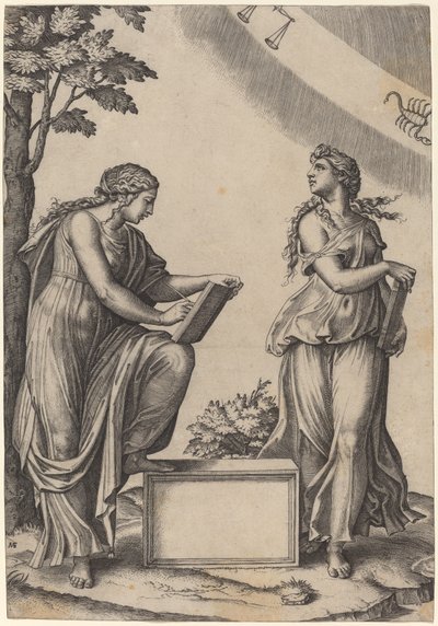 ゾディアックを持つ 2 人の女性 作： Marcantonio Raimondi after Raphael