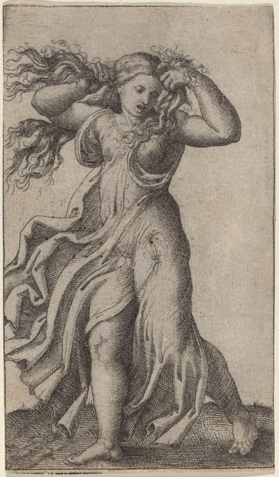 髪を引っ張る女性 作： Marcantonio Raimondi possibly after Francesco Francia