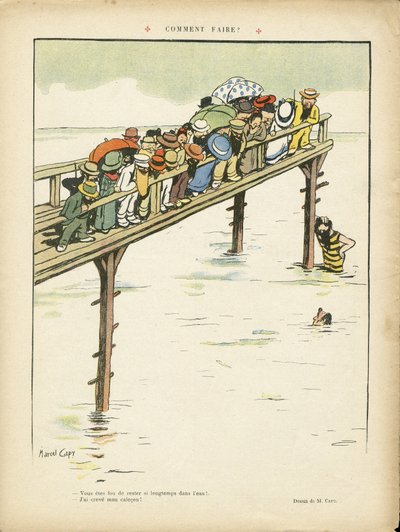 Le Lire, 24/08/12のMarcel Capy (1865-1941)のイラスト - How to do it?- レジャー, 建築 都市計画, 海洋 海辺, 水泳 水泳, 群衆 作： Marcel Amable O.L. Capy